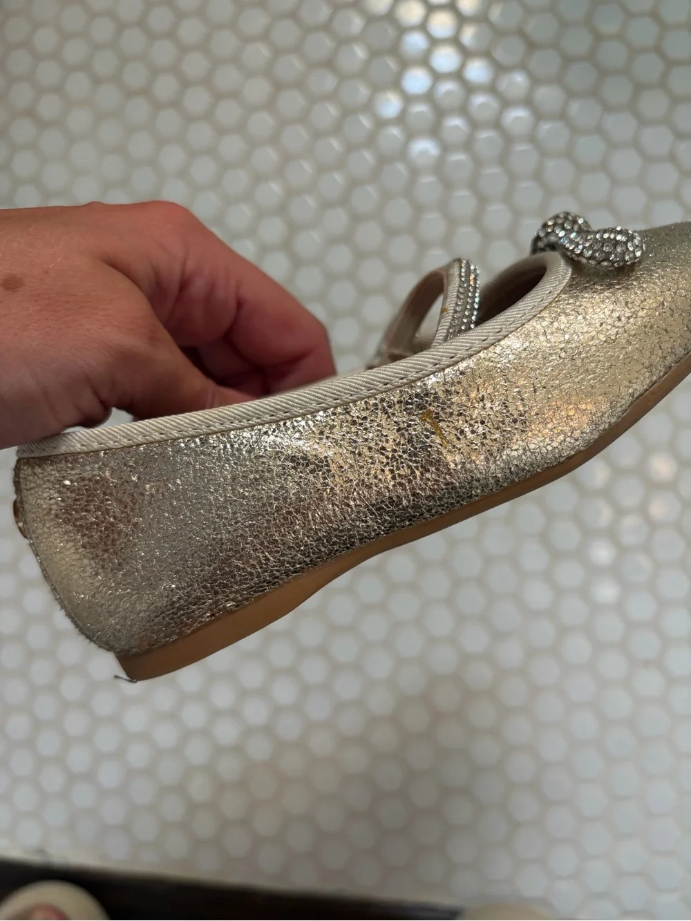 Nina Girls' Gold Glitter Mary Janes with Rhinestone Bow Accent Toddler 9